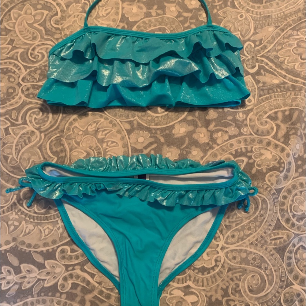Bright blue bikini bathing suit withmetallicruffle